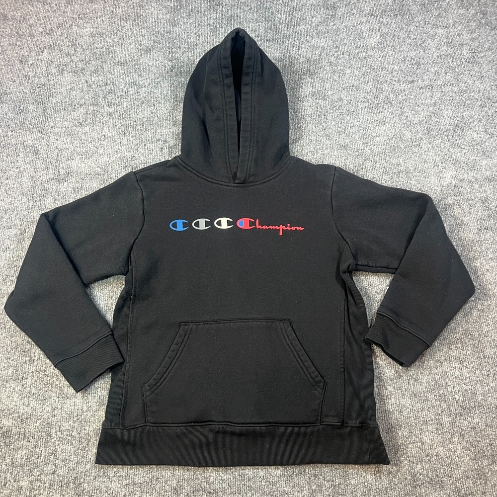 Champion Black Hoodie Youth L Multi-Logo Script Graphic Pullover Streetwear